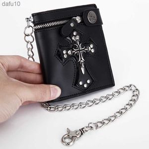 Fashion Cool PU Leer Punk Gothic Skull Cross Clutch Portemonnee Portefeuilles Met Ketting Voor Vrouwen Mannen L230704