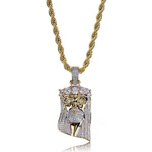 Mode Koper Goud Kleur Plated Iced Out Jesus Gezicht Hanger Ketting Micro Pave Grote CZ Steen Hip Hop Bling Jewelry220M