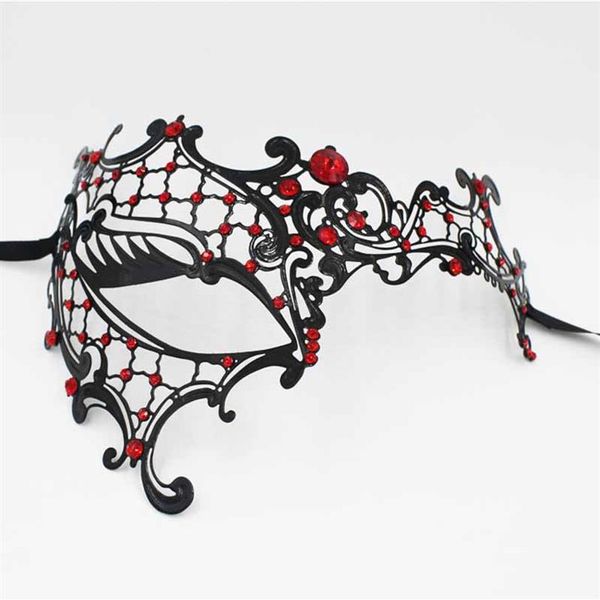 Moda Cosplay Máscara de Halloween Diversión Negro Rojo Claro Rhinestone Metal Fiesta Máscara Disfraz Halloween Fantasma Filigrana Boda Masquera253l