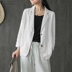 Mode Coton Blazers Manteaux d'automne Femme Zanzea 2021 Casual manches longues Outwears Femme Bouton Single Button Overcoats Tunique solide X0721