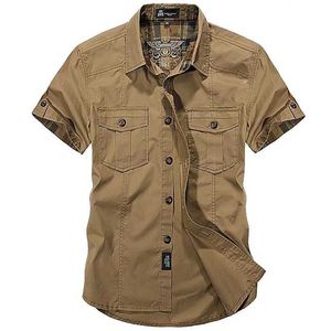 Camisas casuales de algodón de moda de verano para hombres de talla grande suelta holgada de manga corta con cuello vuelto estilo militar ropa masculina 240219