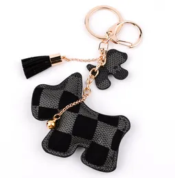 Mode katoenen gevulde geruite honden Tassel Key Chain Car Key Ring Pakket Paar Cartoon Accessories Plaid Presbyopic PU Leather Doll