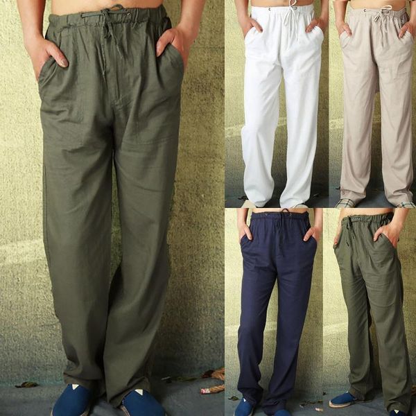 Pantalones de lino y algodón a la moda para hombre, pantalones informales de talla grande con bolsillos en la cintura elástica, pantalones bombachos coreanos transpirables largos para hombre