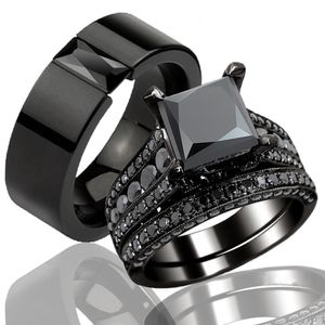 Mode Couple bijoux amoureux anneaux femmes noir Zircon bague de fiançailles ensemble hommes en acier inoxydable alliance cadeau d'anniversaire