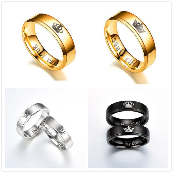 La pareja de la moda suena su rey y su reina anillos de banda de acero inoxidable anillo de bodas para mujeres menores tamaño 5-12 joyería amante