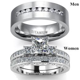 Modespaar Rings heren CZ roestvrijstalen ring vrouwen vierkant gesneden kristallen strass ringen set bruiloft verloving sieraden