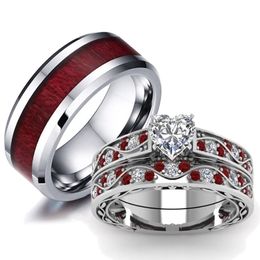 Mode Paar Ringen Vrouwen Hart Wit Kristal CZ Ringen Set heren Rood Hout Inlay Rvs Ring Wedding Band sieraden