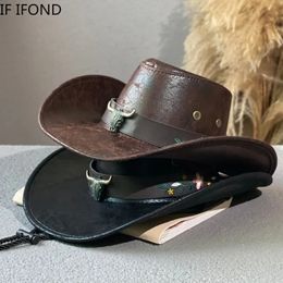 Mode Koe Hoofd Versieren Western Cowboyhoed Kunstleer Vintage Gentleman Jazz Hoeden Voor Mannen Panama Cowgirl Hoed 240119