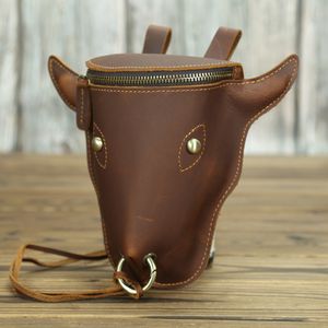 Fashion Cow Head Shape Crazy Horse Leather Men Waist Pack Vintage 7 Mobile Bag