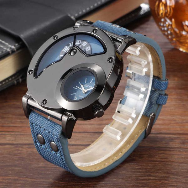 Moda Cowboy Blue Denim Hombres Relojes deportivos 2 Zona horaria Correa de cuero Relojes de pulsera de cuarzo Reloj de hombre 0923