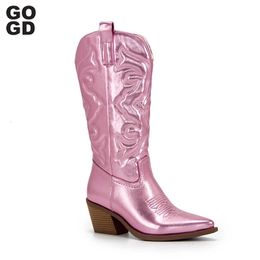 Fashion Cowboy Gogd 199 Korte enkel voor vrouwen dikke hiel cowgirl geborduurd midden kalf western laarzen 240407