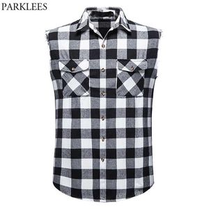 Mode Cowboy Mouwloos Plaid Shirt Mannen Casual Flanel Katoen Snap Shirts Heren Dubbele Pocket Beach Party Vest Geruite Top 2105301E