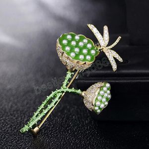 Mode Creative Lotus -broches met Dragonfly Women Imitatie Pearls Glanzende strass Lotus Broches feestjuwelen geschenken