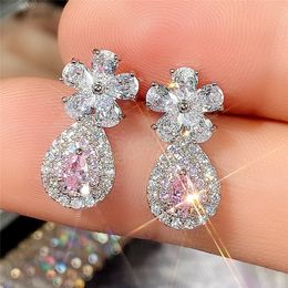 Mode créative petite fleur douce goutte d'eau boucle d'oreille bijoux belle AAA rose diamant Gril boucles d'oreilles