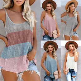 Mode Haak Kleur Blok Losse Gebreide Cami V-hals Tank Tops Mouwloze Sling Vest Dames Strandkleding Badpak Cover Up Tunic T200731