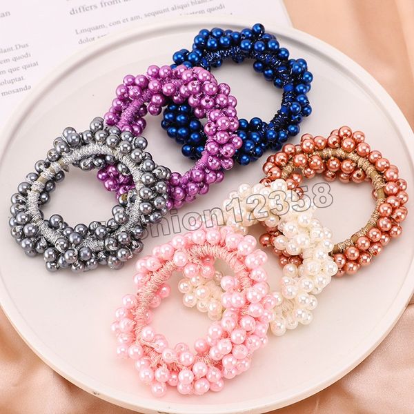 Moda ganchillo perla Scrunchie lazos elásticos para el cabello para mujeres bandas de goma Color sólido tocado Cola de Caballo accesorios para el cabello