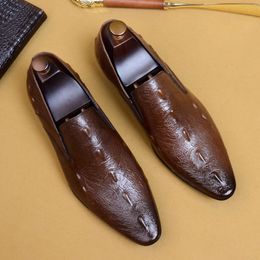 Moda crocodilo padrão masculino casual negócios mocassins couro genuíno artesanal elegante casamento sapatos sociais homem
