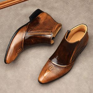 Bottines brevetées à motif Crocodile pour hommes, chaussures d'affaires en cuir véritable faites à la main, en laine chaude, à la mode, pour l'hiver