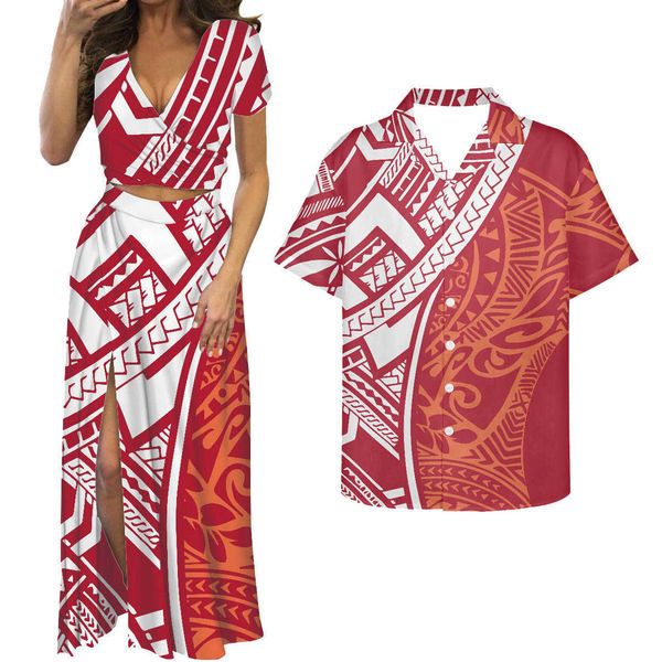 Mode haut court et femmes robes Maxi rouges pour la saint-valentin jupe haute fente corps Con polynésien Tribal Couple vêtements ensemble