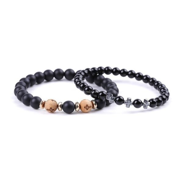 Bracelet à breloques croisé perles de bois Bracelets d'agate noire bracelet manchette pour femmes hommes bijoux de mode volonté et sable