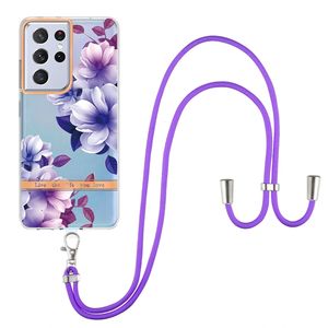 Mode Bandoulière Fleur Cas Pour Samsung A23 A73 A53 A33 5G S22 Ultra S21 Plus Iphone 13 Pro Max 12 11 Chrome Métallique Souple TPU Blossom Téléphone Couverture Épaule Longe