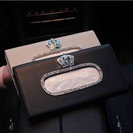 Mode Crown Crystal Auto Tissue Box Sun Visor Lederen Auto Bag Zonnekan Hang Houder Case Servet voor Accessoires 210818