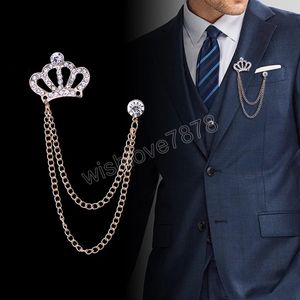 Broche de diamantes de imitación de cristal de corona a la moda, alfiler de cuello de traje de hombre con borlas, broches de joyería de lujo para accesorios de mujer