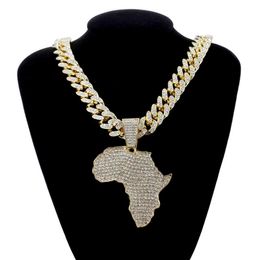 Collier pendentif carte de l'afrique en cristal pour femmes et hommes, accessoires Hip Hop, bijoux, ras du cou, chaîne à maillons cubains, cadeau 219g