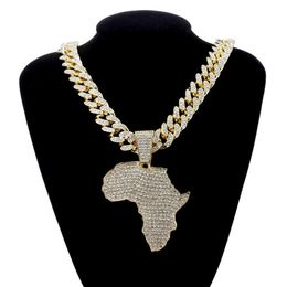 Collier pendentif carte de l'afrique en cristal pour femmes et hommes, accessoires Hip Hop, bijoux, ras du cou, chaîne à maillons cubains, cadeau 302R