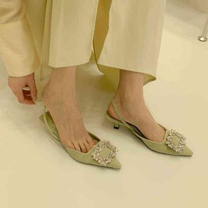 Fashion Crystal Buckle Sandaal 2022 Damesschoenen Flat Heel Pointed Toe Slingback Shoes Slip On Mules Green Dress Shoes G220525