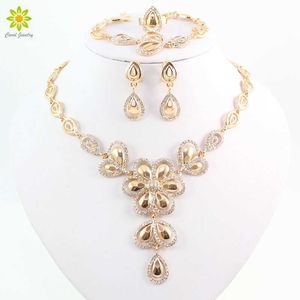 Mode Crystal bloem ketting oorbellen voor vrouwen goud kleur Afrikaanse kostuum sieraden sets H1022