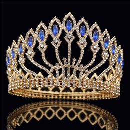 Corona grande de Metal y cristal a la moda, Tiaras nupciales, corona rosa para boda, joyería para el cabello, diadema para desfile, corona de Reina y Rey W0104294C