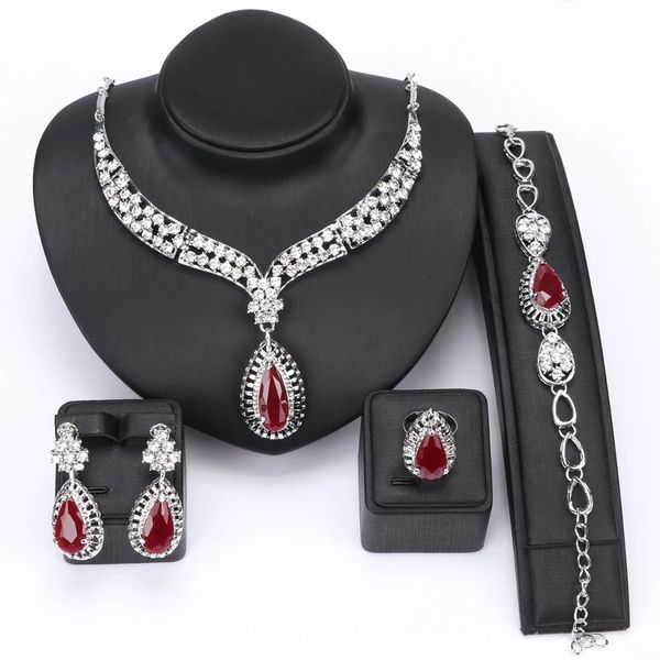 Collier en cristal de mode, ensembles de bijoux pour femmes, accessoires de fête, perles africaines, boucles d'oreilles, bracelets, bagues, Vintage, rouge, vert, noir