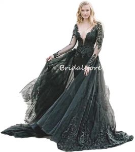 Vintage Gothique Noir Sirène Robe De Mariée Avec Deatchable Train 2022 Boho Pays À Manches Longues Robes De Mariée Col En V Dentelle Femmes Élégantes Applique Dentelle robe de mariage