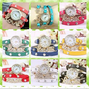 Mode Crystal Rhinestone verharde Love Style Charm Leather Wrapped Armband Horloge Women Quartz Horloges Wrap Around Armband Horloge