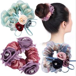 Modekristallen Rose Flower Lace Hair Scrunchies Ties Elastics Ponytail Holder Floral Rubber Rubber Hairband For Women Girl Dik Hair
