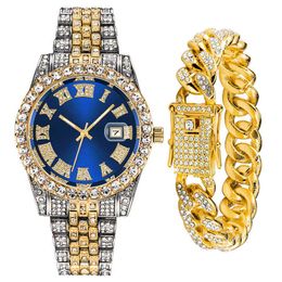 Mode Bracelet cubain ensemble alliage diamant montre pour hommes Hip Hop tendance montre pour hommes 231015
