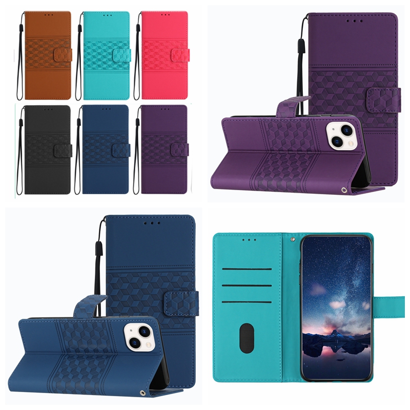 Fashion Cube Leather Wallet Falls för Samsung M33 M53 A03 Core A33 5G A53 A73 A52 A72 A32 4G 5G A22 Note 20 Square Business Pu ID Card Holder Telefon Flip Cover Pouch Strap