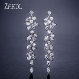 Mode cubique zircone feuille balancent boucles d'oreilles pour les femmes élégantes CZ cristal Long gland bijoux de mariage de mariée