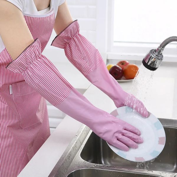 Gants de ménage chauds en molleton à revers à la mode, nettoyage de cuisine, caoutchouc de vaisselle Durable 240314