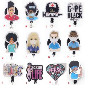 Mode Key ringen aangepast Black Girl Nurse Doctor Acryl intrekbare medische badge houder YoYo pull reel arts id naamkaart voor cadeau