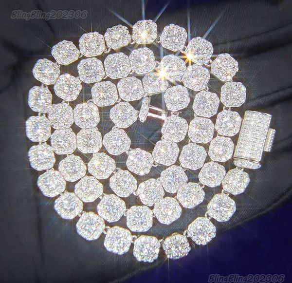 Collier hip hop personnalisé en diamant d Vvs Moissanite, lien cubain en argent S925, grande chaîne de Tennis à dos solide de 8mm 12mm