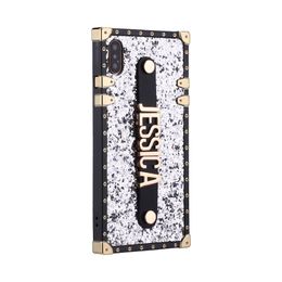 Mode Custom Glitter Trunk Case Holding Strap Gold Metal Personalized Name Phone Cases voor iPhone 12 11 PRO XS MAX XR 7PLUS 8 8PLUS X