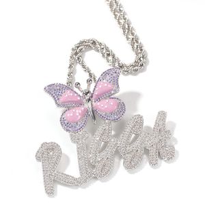 Mode aangepaste naam letter ketting goud zilveren kleur vlinder bling cz letters hanger ketting voor mannen vrouwen met 3 mm 24inch touwketen