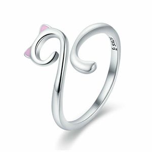 Mode schattig 925 sterling zilveren katvormig kitten huisdier verstelbare band wrap vinger ring voor meisjes kerstcadeaus257p