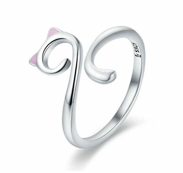 Moda lindo 925 plata esterlina gato en forma de gatito mascota banda ajustable anillo de dedo envolvente para niñas regalos de Navidad 37076193263141