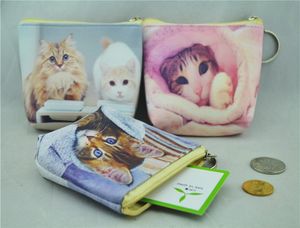 Fashion Cute Cats Gedrukt Dames Rits PU Munt Portemonnee Portefeuilles Mini Money Bags Classic for Women Lady Girls 12 stks / partij Gratis verzending