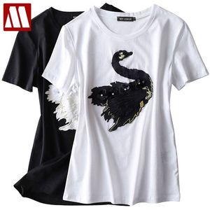 Mode Leuke Zwaan Borduurwerk T-shirt Dames Merk T-shirt Casual Losse Korte Mouw O Hals Vrouwelijke Dierlijke Tops Tee 210623