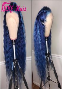 Peluca sintética con frente de encaje de onda profunda de moda estilo de celebridad 360 frontal de encaje Peluca azul larga para mujeres negras cabello natural prearrancado l5265874