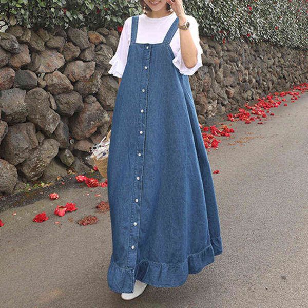 Mode Denim Bleu Salopette Robe ZANZEA 2021 Femmes Robe Décontractée Bouton D'été À Volants Maxi Vestidos Femme Jean Robe Y220214